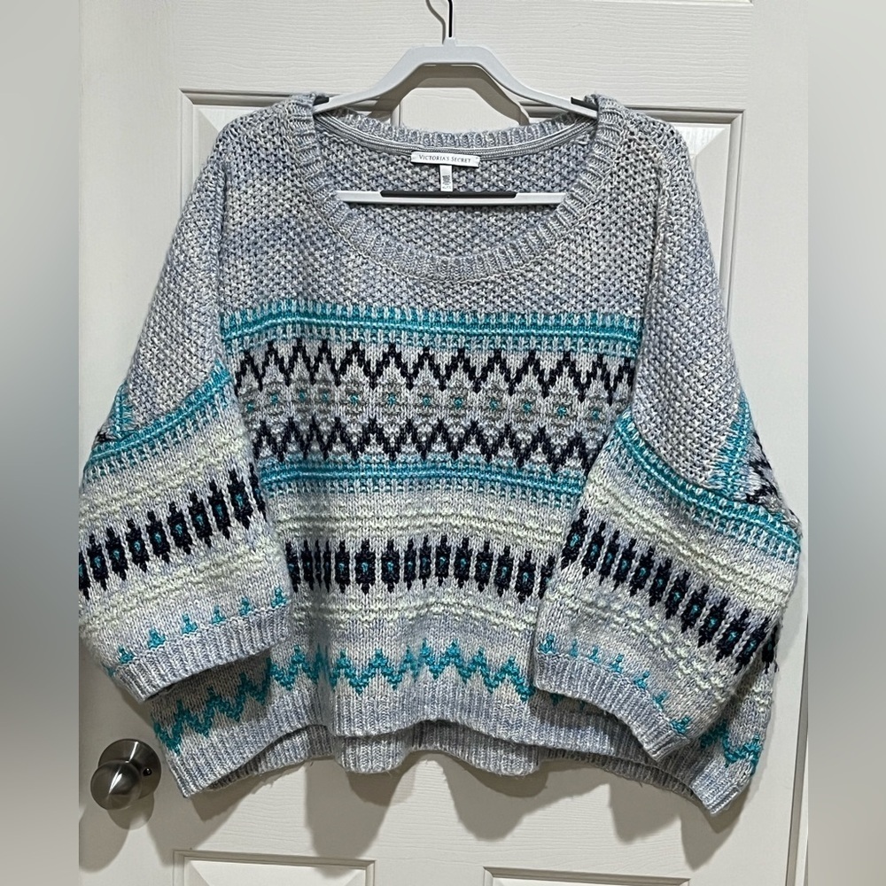 Victoria's Secret CREW PULLOVER FAIR ISLE CHUNKY KNIT, GRAY AND BLUE SWEATER XL